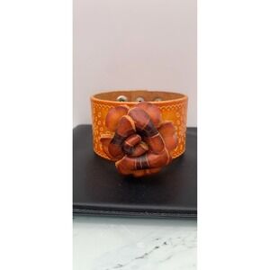 Leather Hand Tooled Rose Bracelet Wide Arm Cuff Band Flower Adjustable Snap